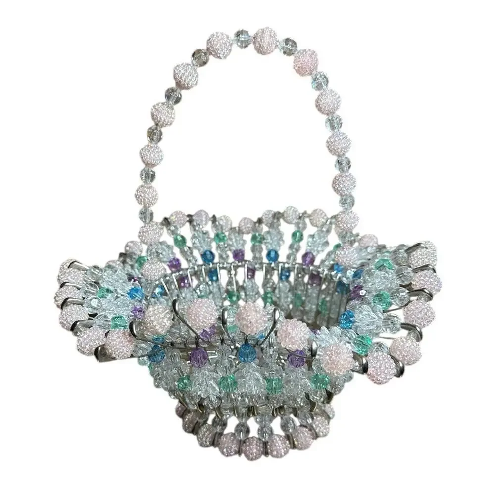 Vintage‎ Handmade Safety Pin Ruffled Bead Basket White Purple Pink Easter 12
